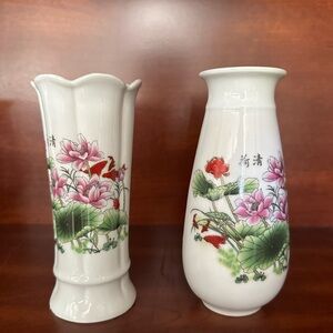 Pair of Elegant Floral Porcelain Vases - White and Green